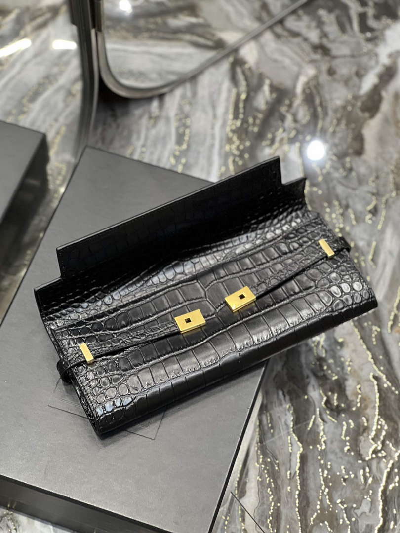 YSL 695949 Manhattan Clutch In Crocodile-Embossed Leather Black