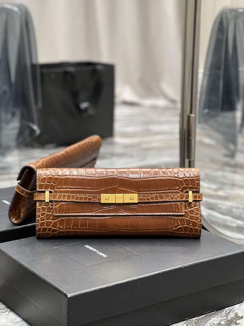 YSL 695949 Manhattan Clutch In Crocodile-Embossed Leather Caramel - Default Title - View 1