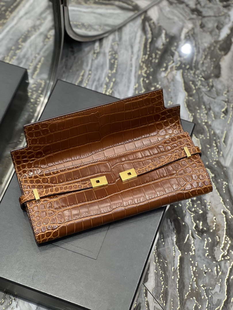 YSL 695949 Manhattan Clutch In Crocodile-Embossed Leather Caramel