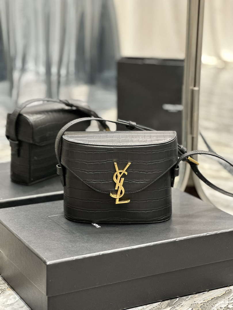 YSL 710080 June Box Bag In Quilted Crocodile Printer Leather Black - Default Title - View 1