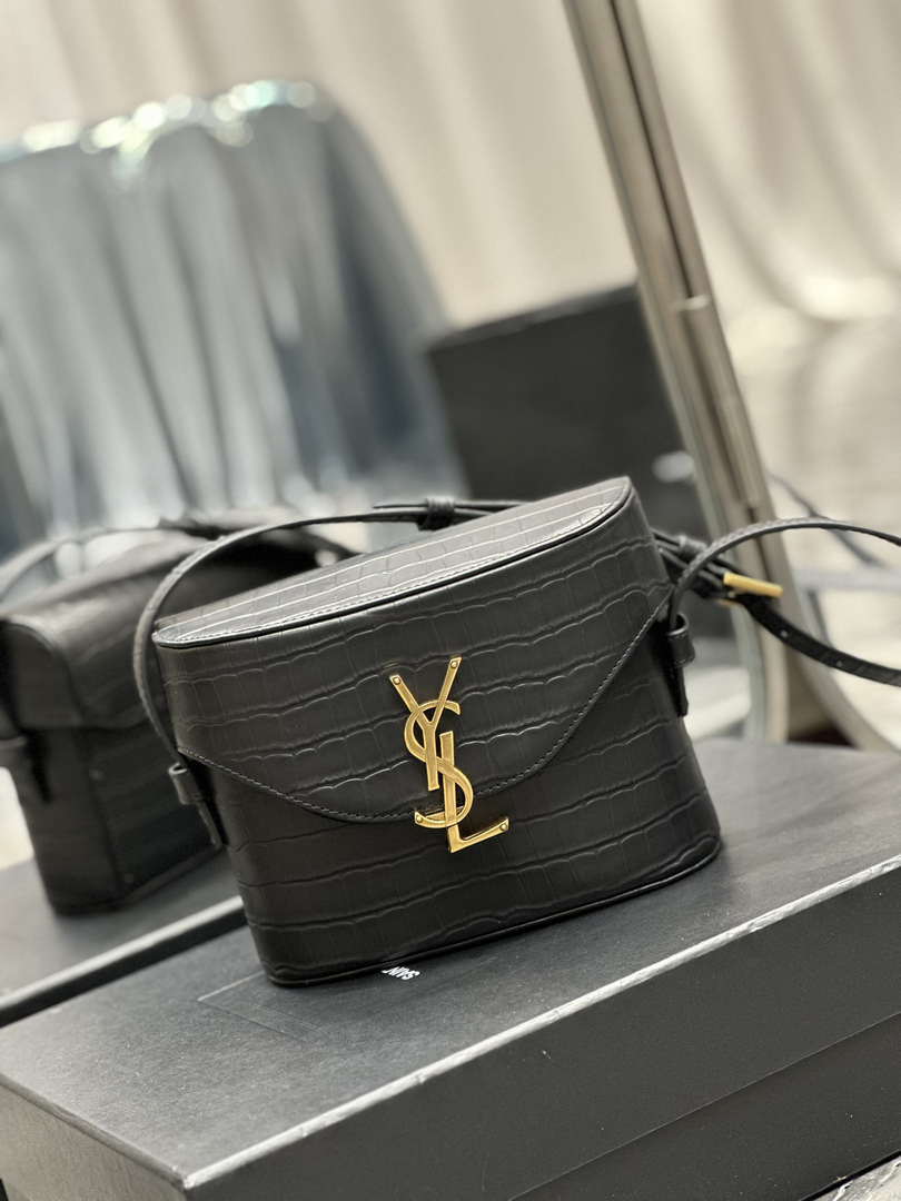 YSL 710080 June Box Bag In Quilted Crocodile Printer Leather Black