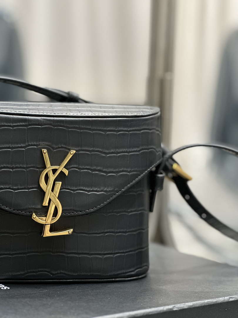 YSL 710080 June Box Bag In Quilted Crocodile Printer Leather Black