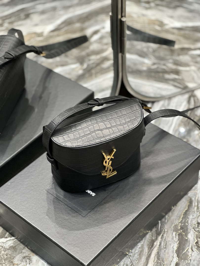 YSL 710080 June Box Bag In Quilted Crocodile Printer Leather Black