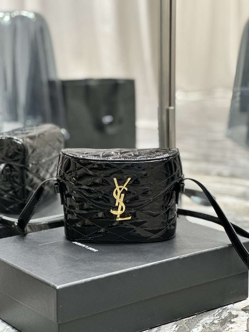 YSL 710080 June Box Bag In Quilted Patent Leather Black with Gold