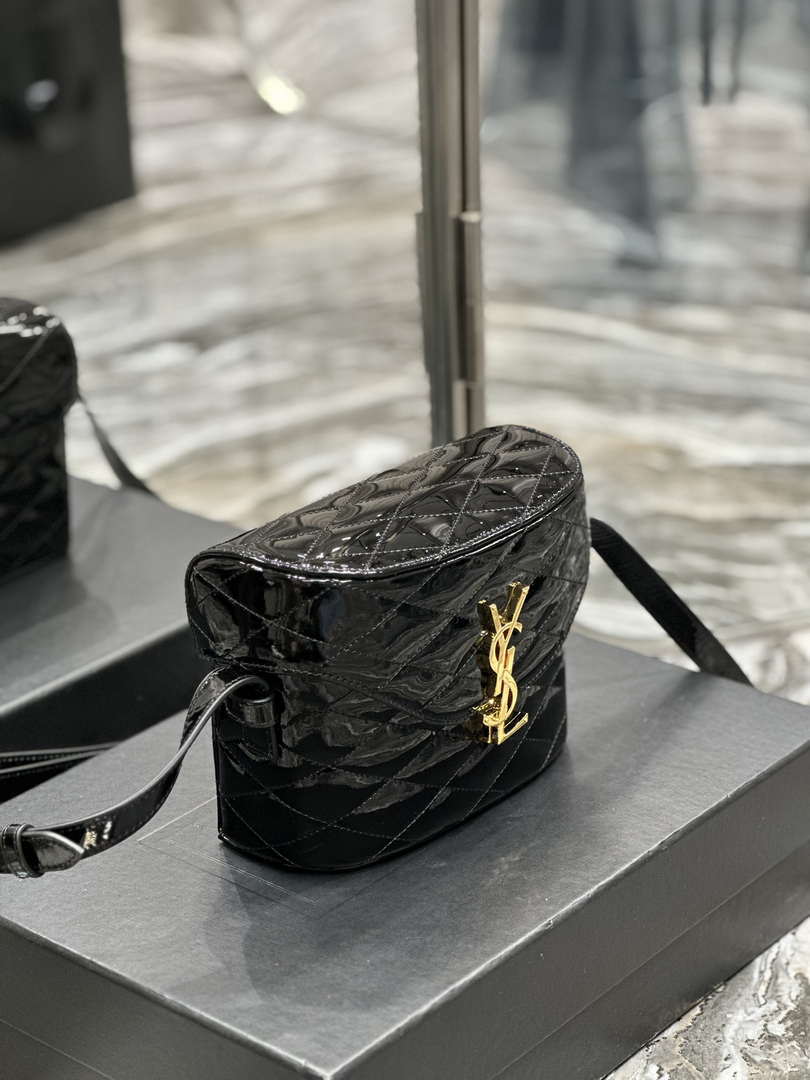 YSL 710080 June Box Bag In Quilted Patent Leather Black with Gold