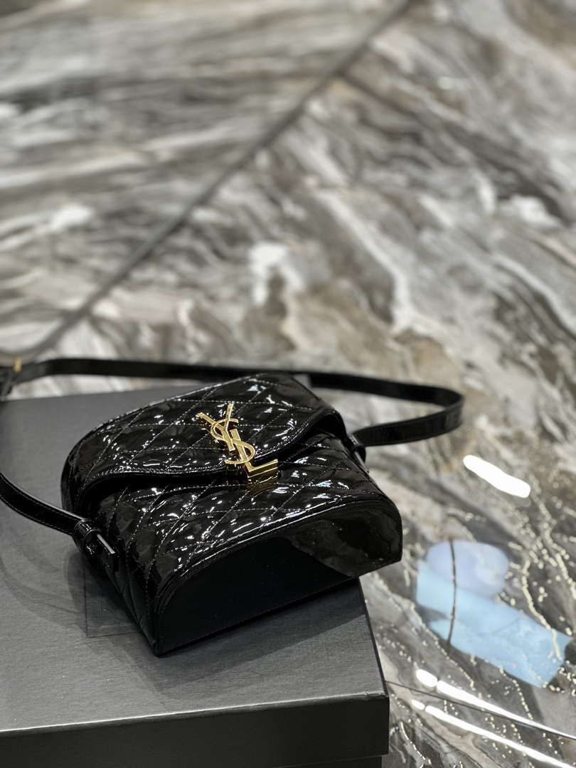 YSL 710080 June Box Bag In Quilted Patent Leather Black with Gold