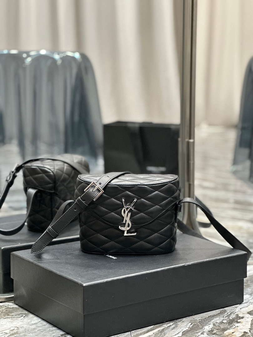 YSL 710080 June Box Bag In Quilted Patent Leather Black with Silver - Default Title - View 1