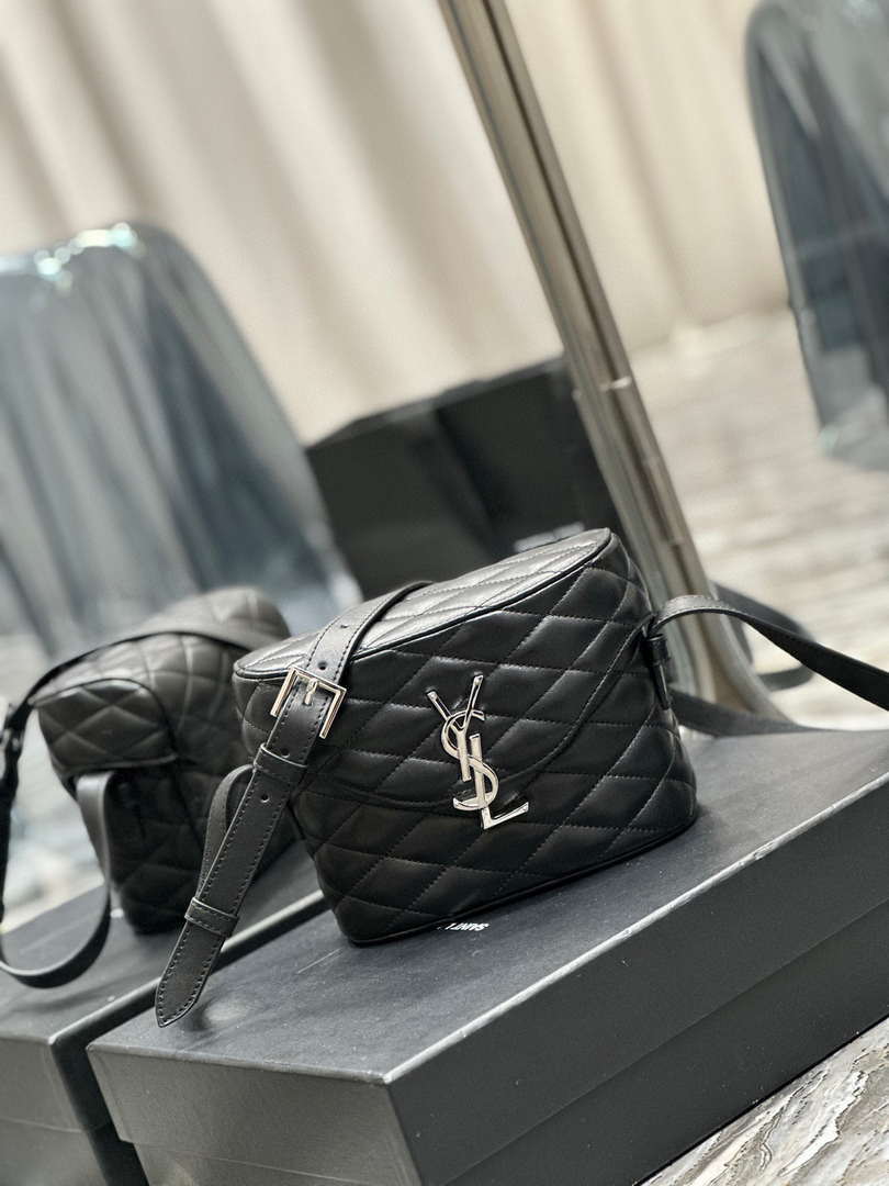 YSL 710080 June Box Bag In Quilted Patent Leather Black with Silver