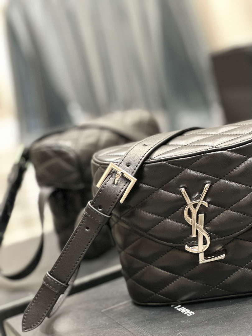 YSL 710080 June Box Bag In Quilted Patent Leather Black with Silver