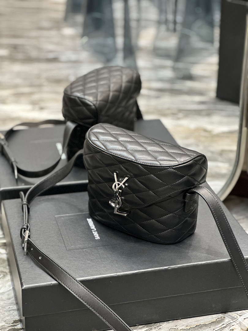 YSL 710080 June Box Bag In Quilted Patent Leather Black with Silver