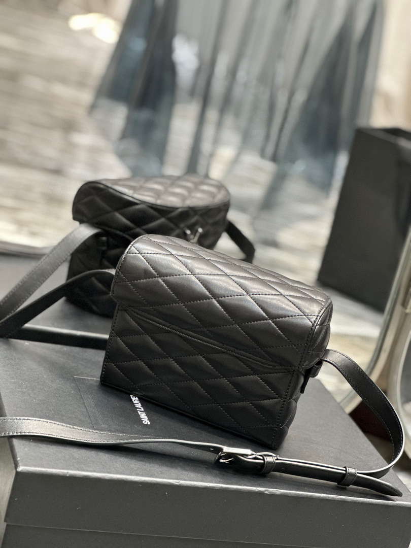 YSL 710080 June Box Bag In Quilted Patent Leather Black with Silver