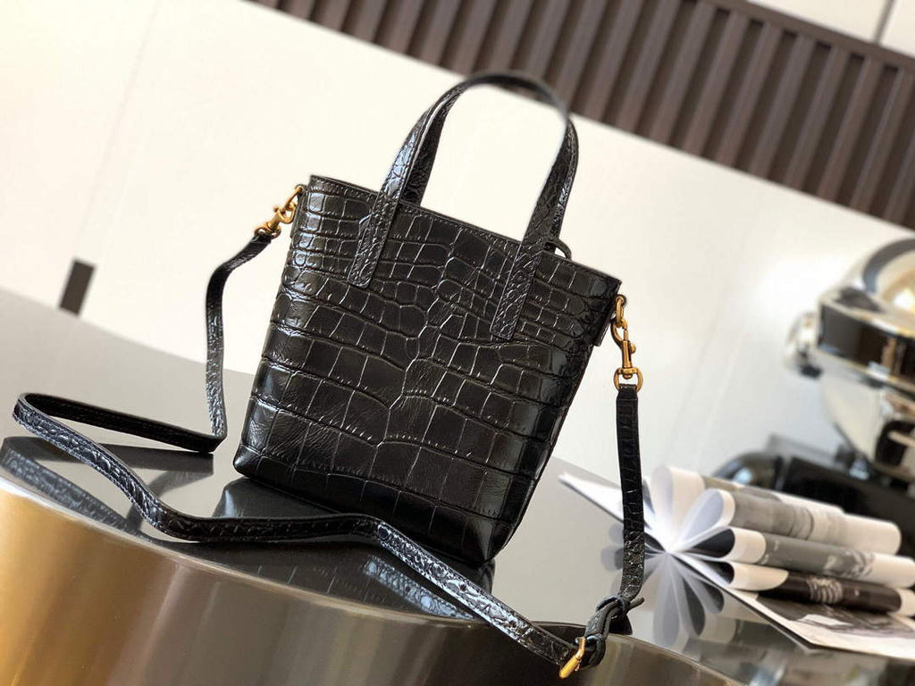 YSL 712367 Saint Laurent Paris Mini Toy Shopping In Crocodile-Embossed Leather Black