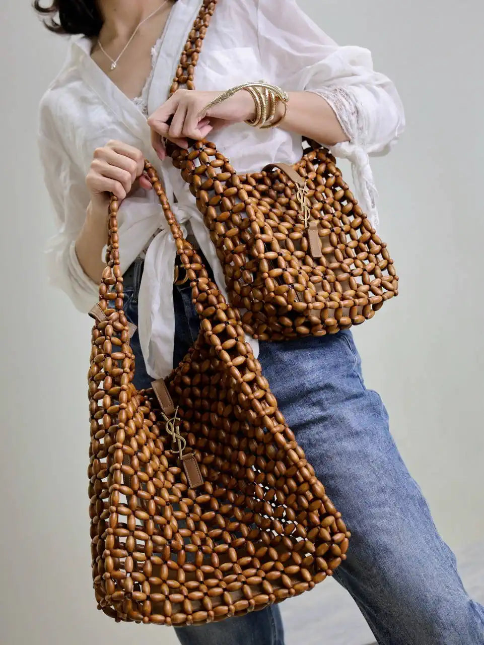 YSL 713938 LE 5 ¨¤ 7 Small in wood beads LIGHT WOOD