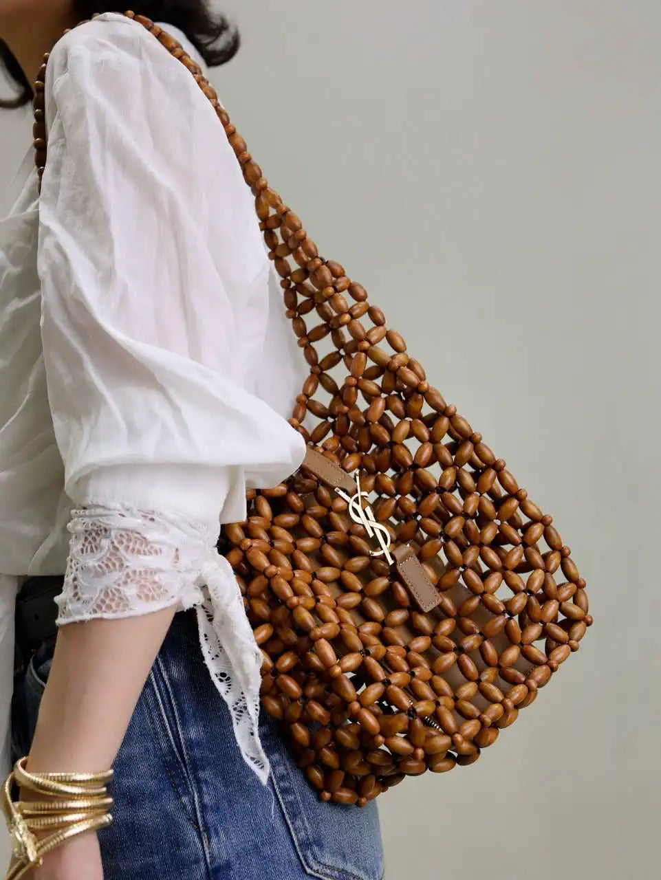 YSL 713938 LE 5 ¨¤ 7 Small in wood beads LIGHT WOOD