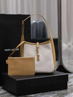 YSL 713938 LE 5 A 7 Supple Small In Camel Grained Leather with Beige canvas - Default Title - View 1