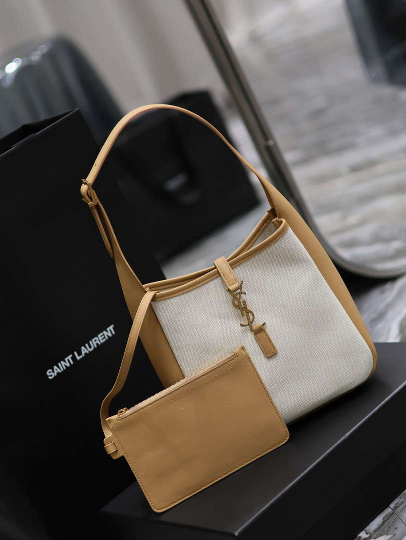 YSL 713938 LE 5 A 7 Supple Small In Camel Grained Leather with Beige canvas - Default Title - View 2