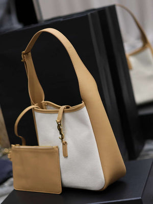 YSL 713938 LE 5 A 7 Supple Small In Camel Grained Leather with Beige canvas - Default Title - View 3