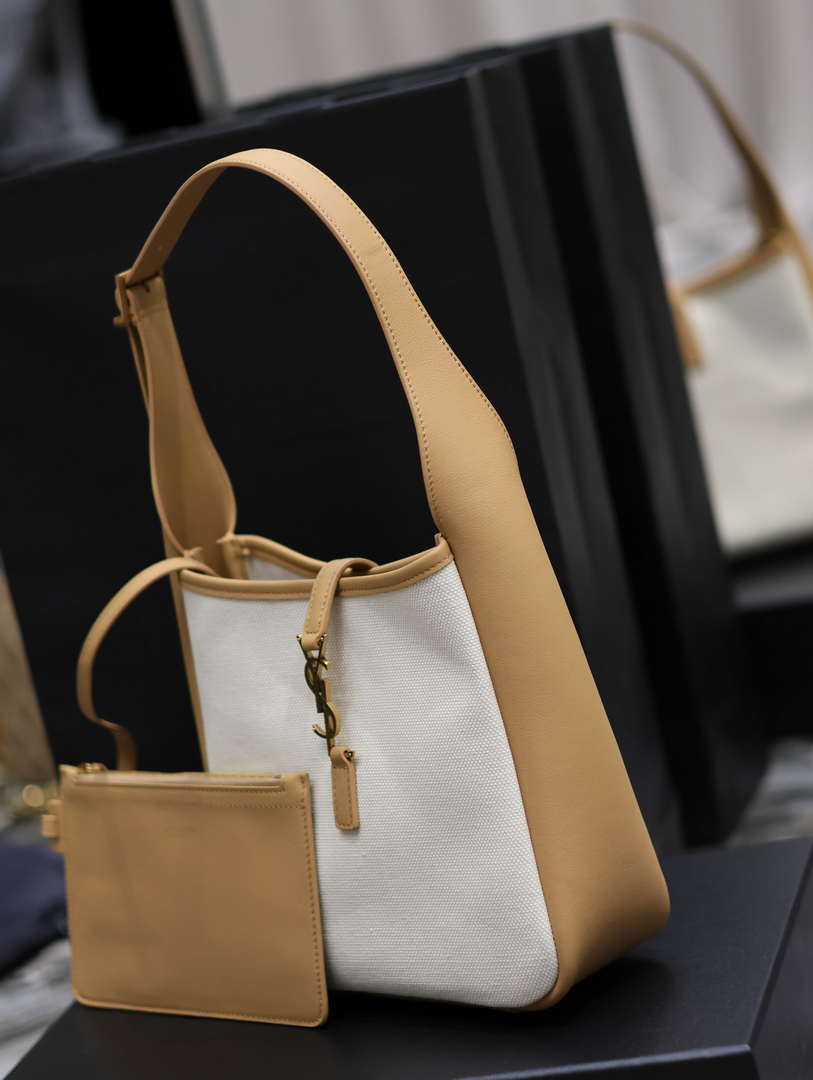 YSL 713938 LE 5 A 7 Supple Small In Camel Grained Leather with Beige canvas - Default Title - View 3