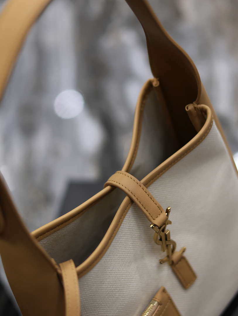 YSL 713938 LE 5 A 7 Supple Small In Camel Grained Leather with Beige canvas