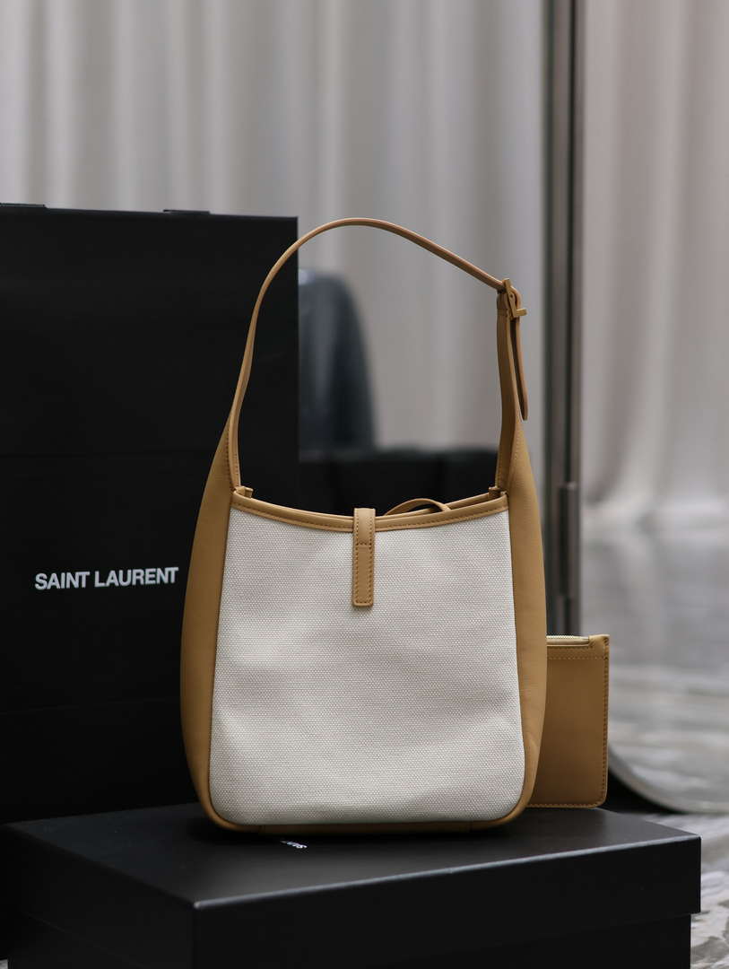 YSL 713938 LE 5 A 7 Supple Small In Camel Grained Leather with Beige canvas