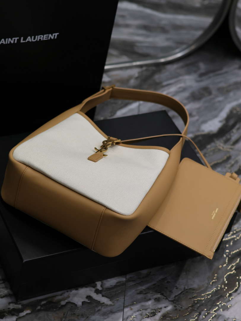 YSL 713938 LE 5 A 7 Supple Small In Camel Grained Leather with Beige canvas