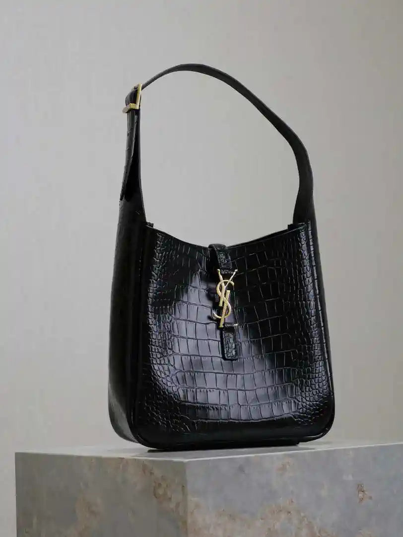 YSL 713938 LE 5 A 7 Supple Small In Grained Crocodile Leather Black