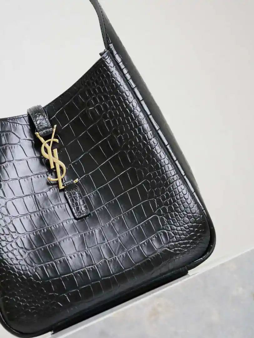 YSL 713938 LE 5 A 7 Supple Small In Grained Crocodile Leather Black