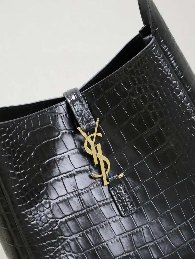 YSL 713938 LE 5 A 7 Supple Small In Grained Crocodile Leather Black