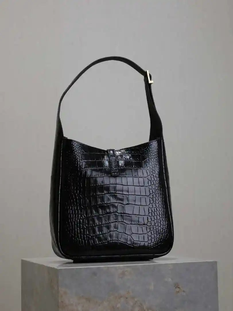 YSL 713938 LE 5 A 7 Supple Small In Grained Crocodile Leather Black