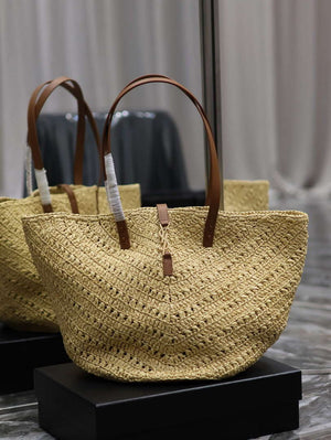 YSL 740375 Panier Medium In Raffia And Vegetable-Tanned Leather Apricot - Default Title - View 1