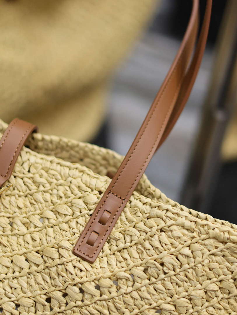 YSL 740375 Panier Medium In Raffia And Vegetable-Tanned Leather Apricot
