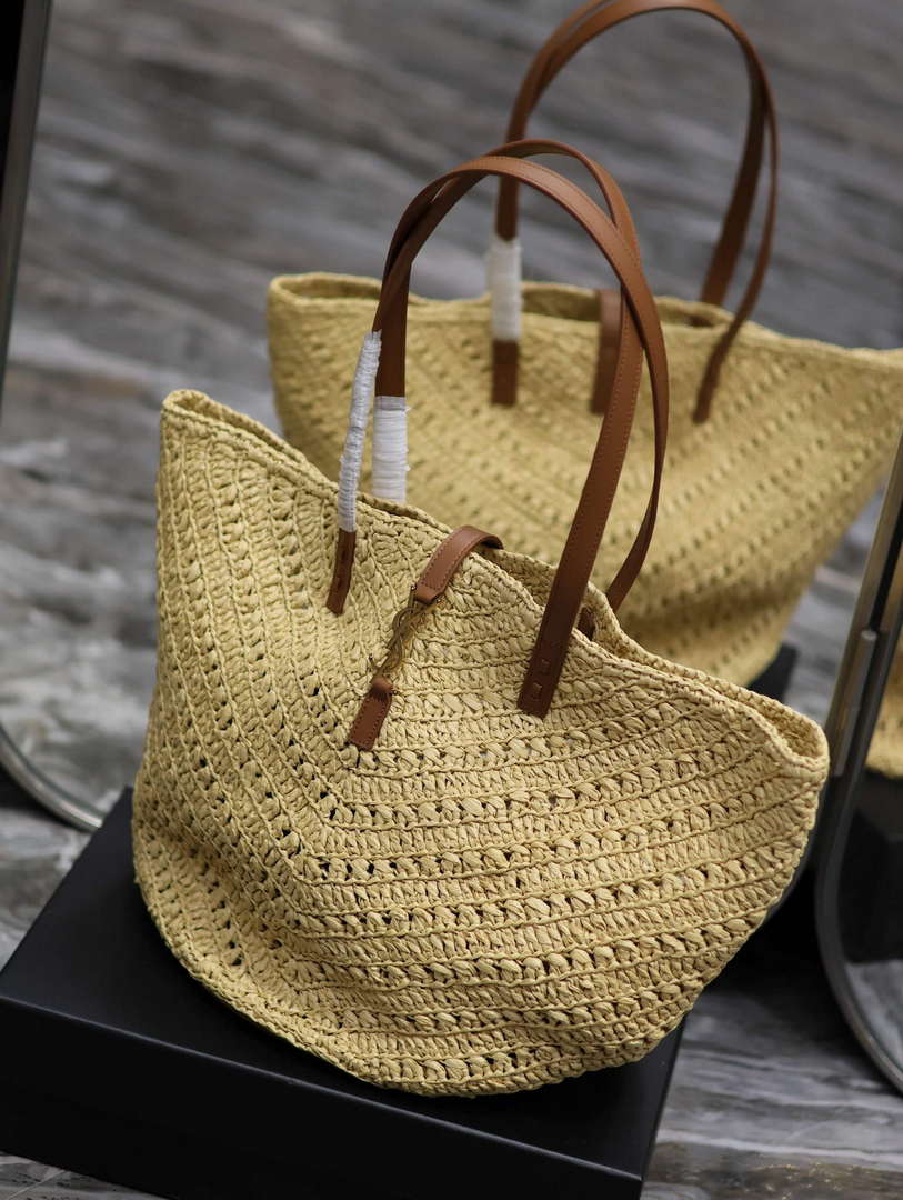 YSL 740375 Panier Medium In Raffia And Vegetable-Tanned Leather Apricot