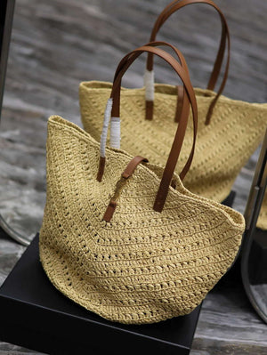YSL 740375 Panier Medium In Raffia And Vegetable-Tanned Leather Apricot - Default Title - View 3