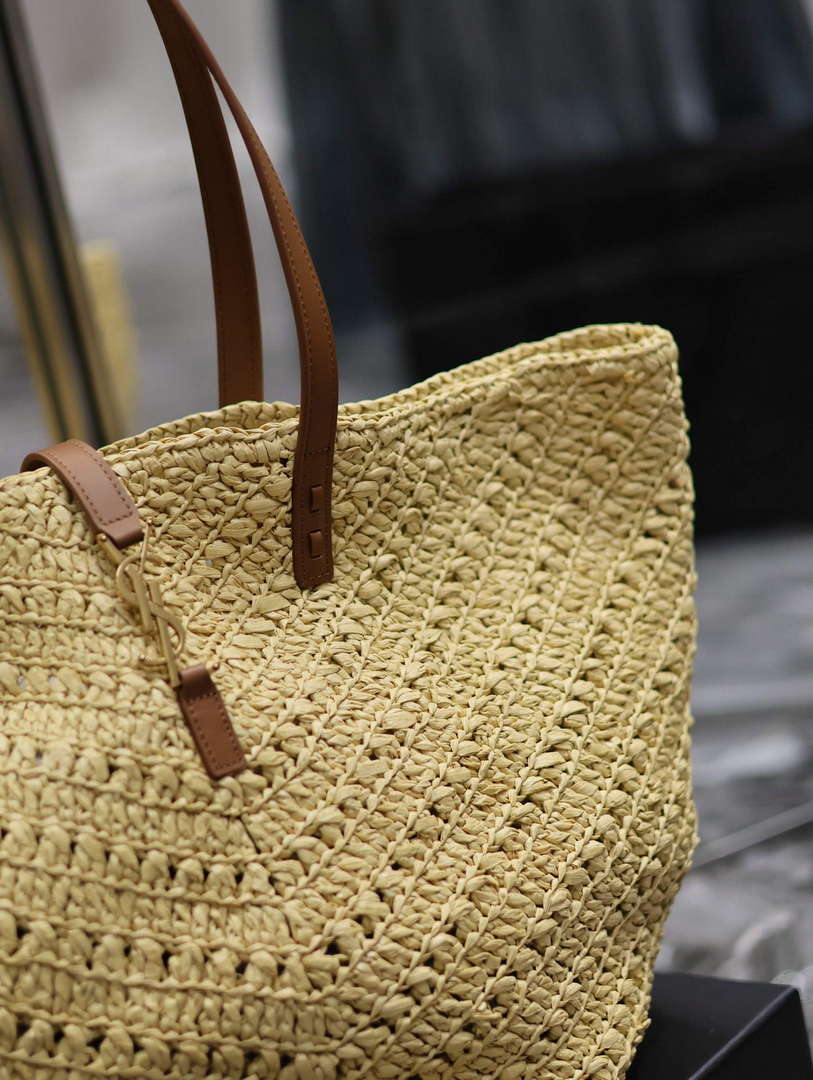 YSL 740375 Panier Medium In Raffia And Vegetable-Tanned Leather Apricot