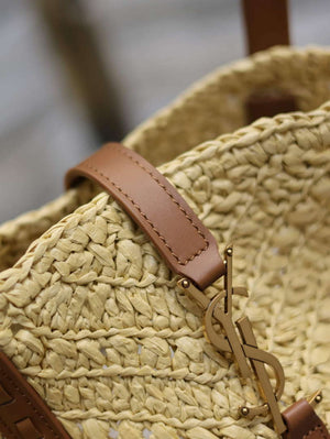 YSL 740375 Panier Medium In Raffia And Vegetable-Tanned Leather Apricot - Default Title - View 5