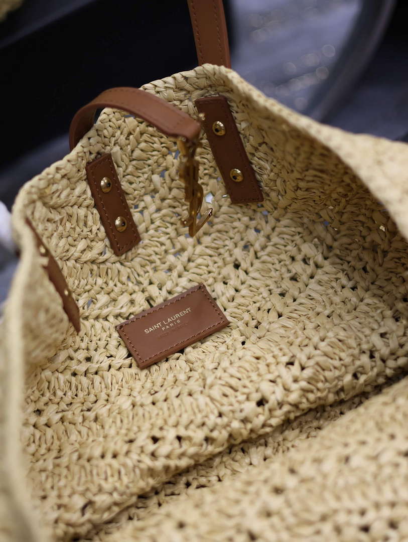 YSL 740375 Panier Medium In Raffia And Vegetable-Tanned Leather Apricot - Default Title - View 6