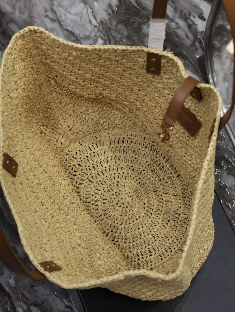 YSL 740375 Panier Medium In Raffia And Vegetable-Tanned Leather Apricot - Default Title - View 7