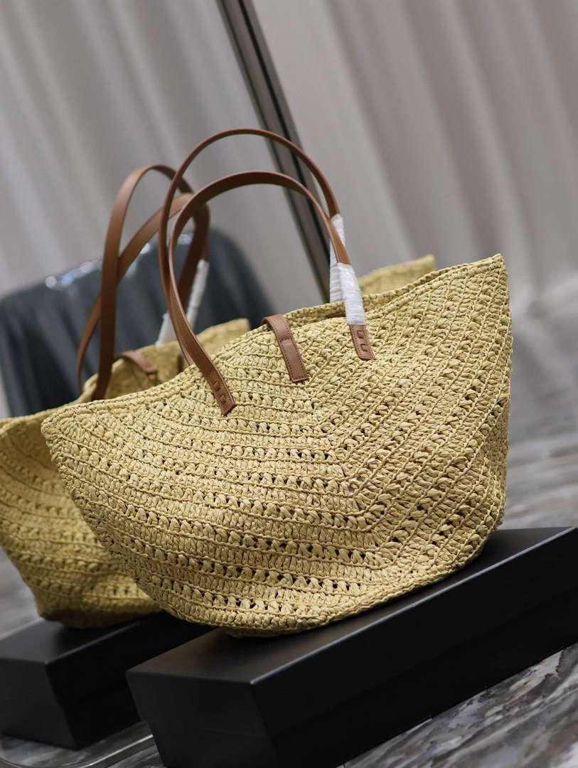 YSL 740375 Panier Medium In Raffia And Vegetable-Tanned Leather Apricot
