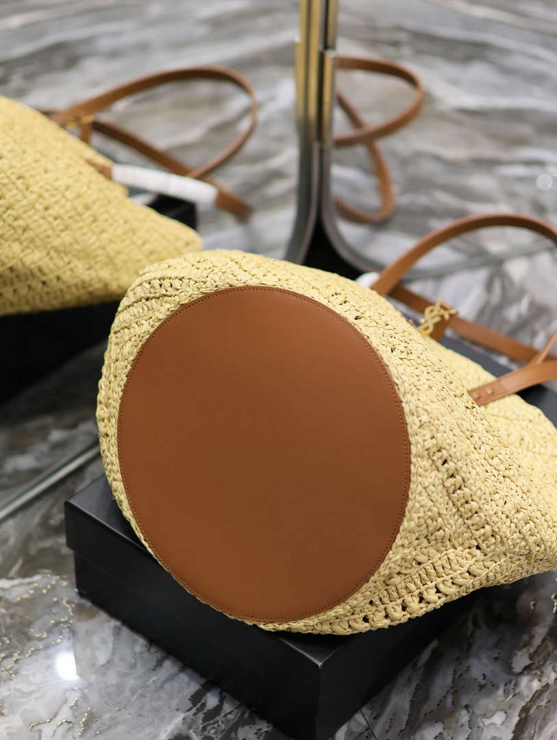 YSL 740375 Panier Medium In Raffia And Vegetable-Tanned Leather Apricot