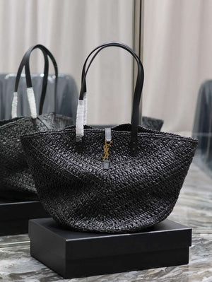 YSL 740375 Panier Medium In Raffia And Vegetable-Tanned Leather Black - Default Title - View 1