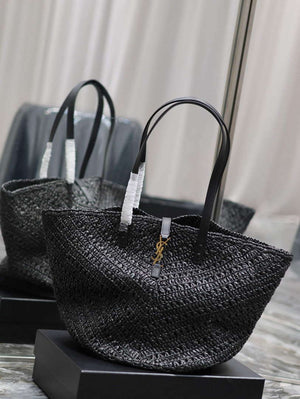 YSL 740375 Panier Medium In Raffia And Vegetable-Tanned Leather Black - Default Title - View 6