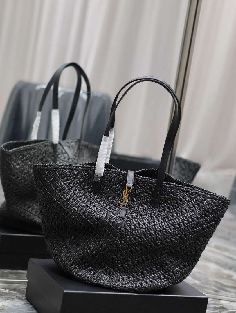YSL 740375 Panier Medium In Raffia And Vegetable-Tanned Leather Black