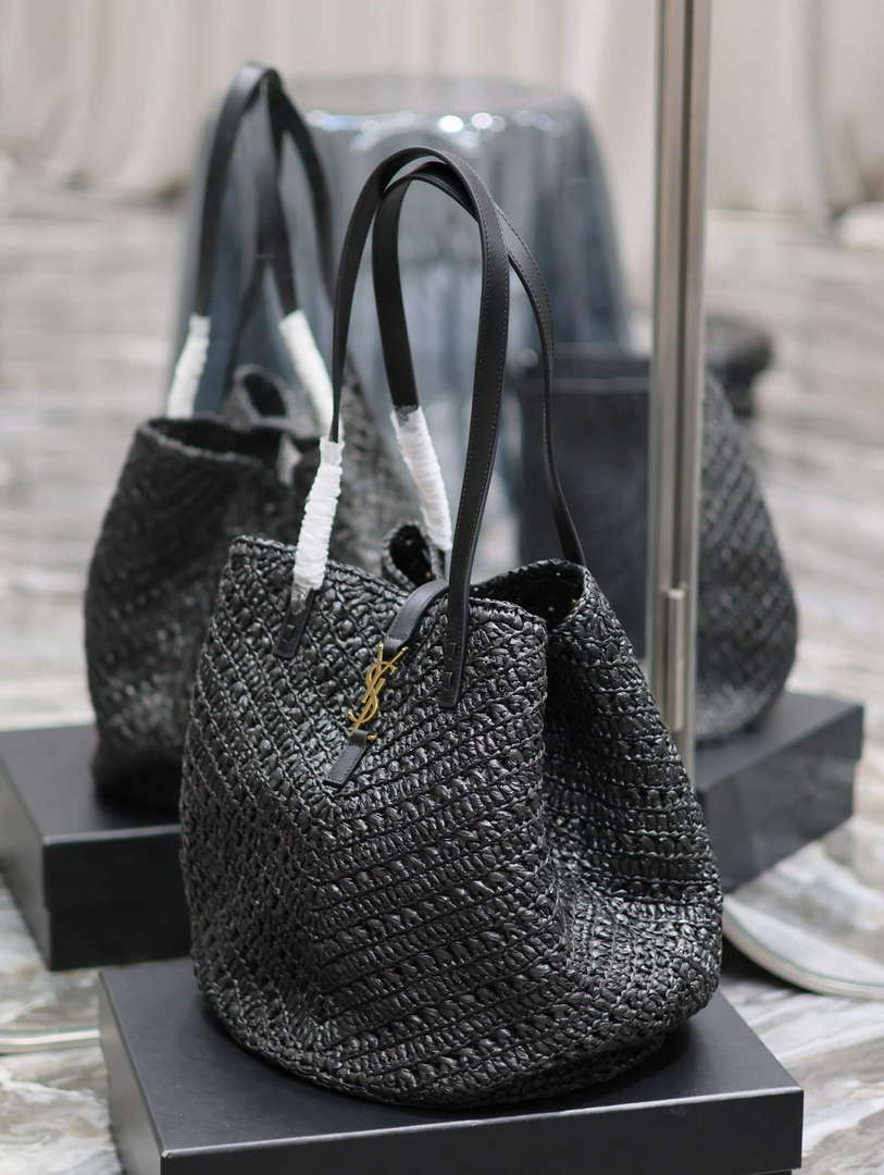 YSL 740375 Panier Medium In Raffia And Vegetable-Tanned Leather Black