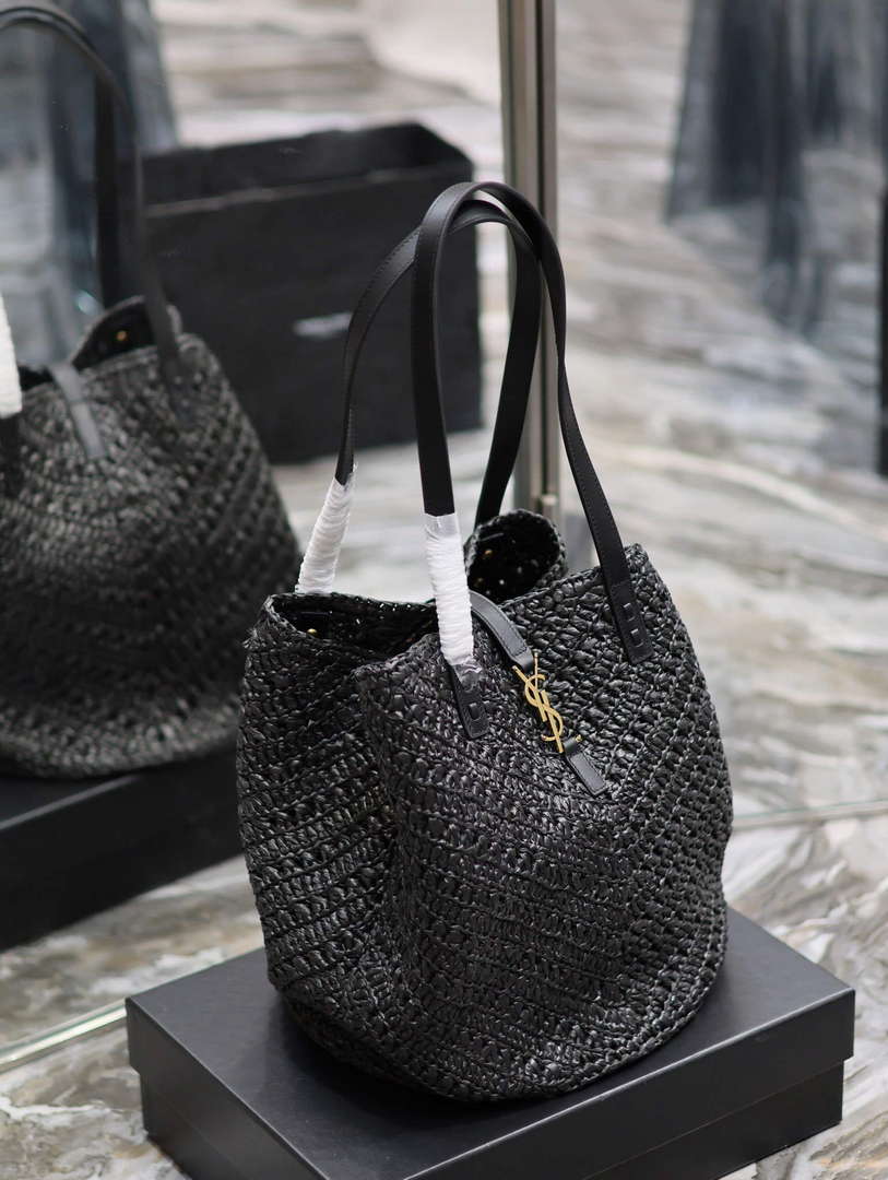 YSL 740375 Panier Medium In Raffia And Vegetable-Tanned Leather Black