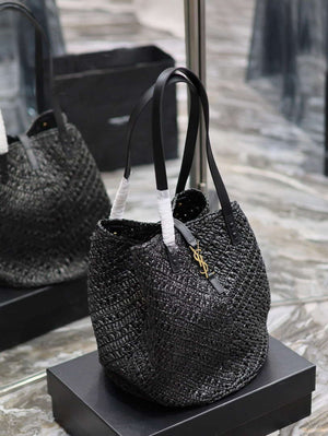 YSL 740375 Panier Medium In Raffia And Vegetable-Tanned Leather Black - Default Title - View 8