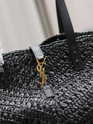 YSL 740375 Panier Medium In Raffia And Vegetable-Tanned Leather Black - Default Title - View 9