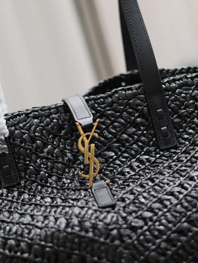 YSL 740375 Panier Medium In Raffia And Vegetable-Tanned Leather Black - Default Title - View 9