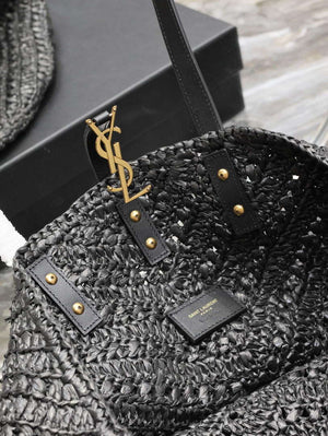 YSL 740375 Panier Medium In Raffia And Vegetable-Tanned Leather Black - Default Title - View 10