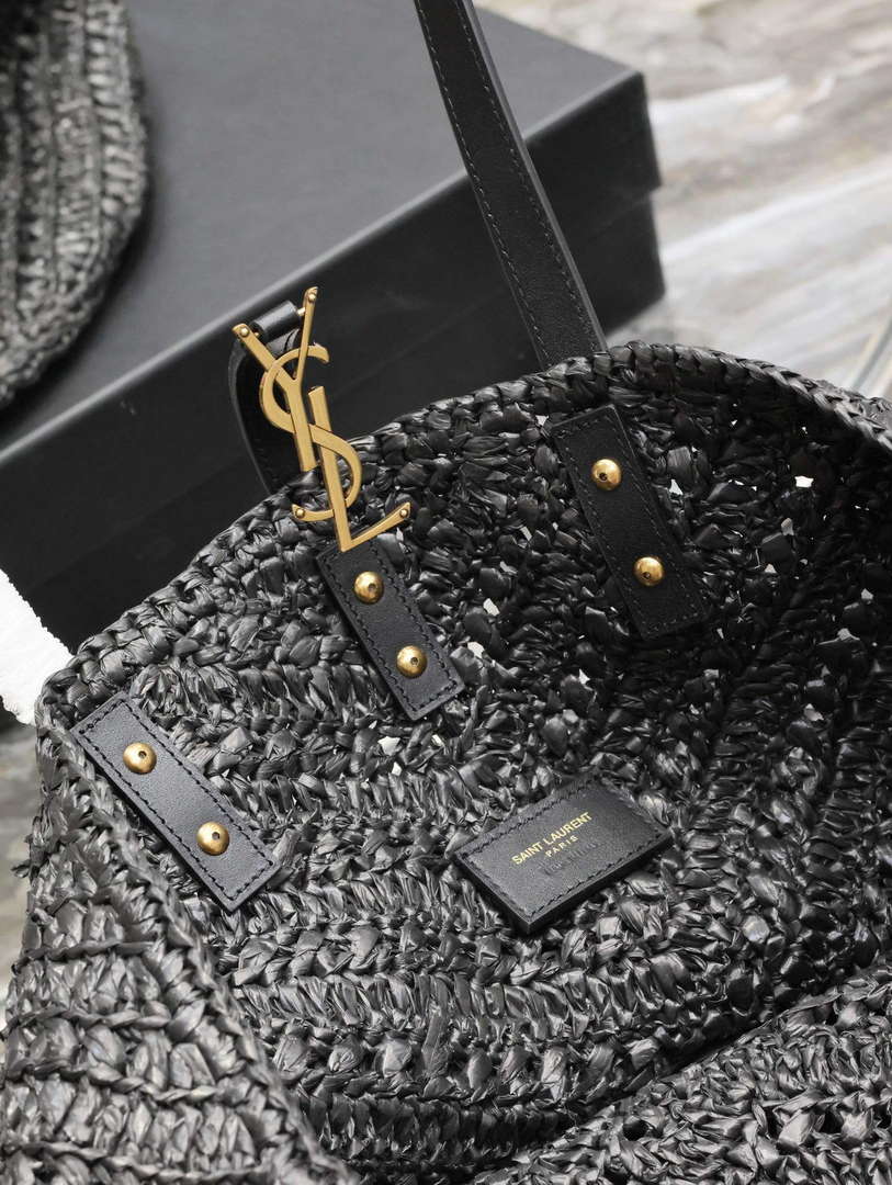 YSL 740375 Panier Medium In Raffia And Vegetable-Tanned Leather Black - Default Title - View 10