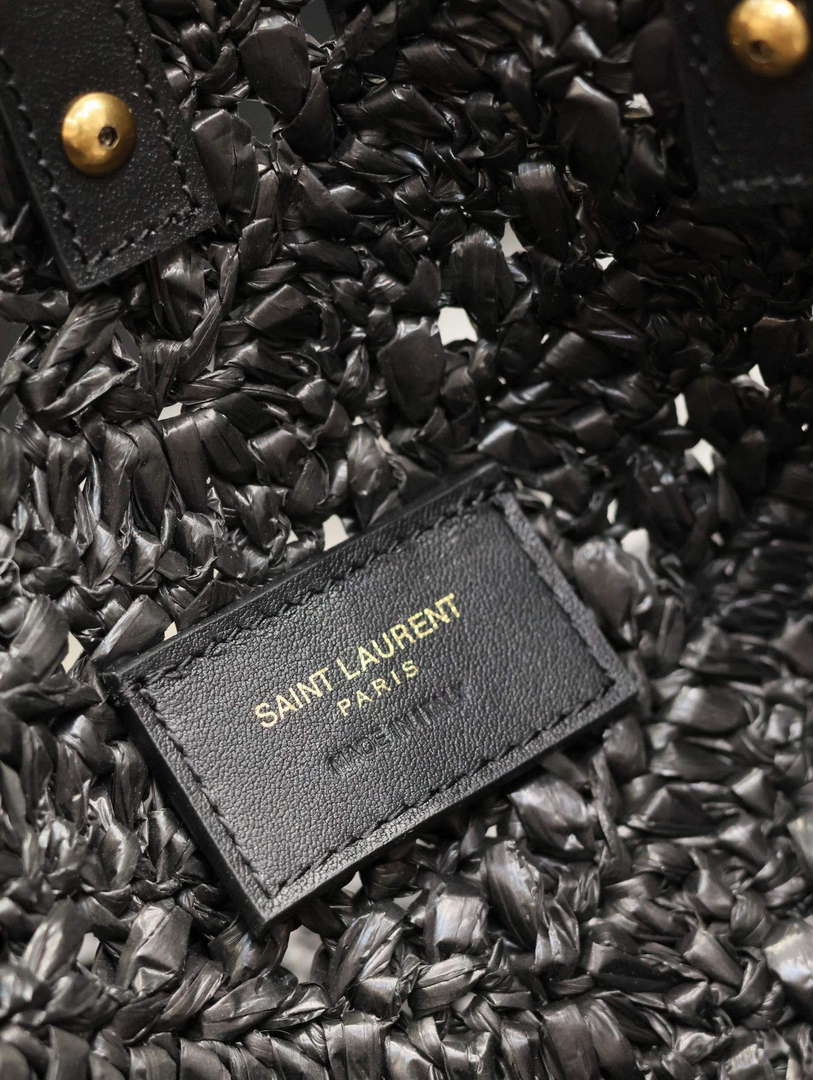 YSL 740375 Panier Medium In Raffia And Vegetable-Tanned Leather Black